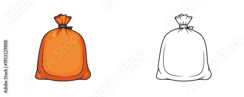 Orange trash bag illustrations in flat color and black linear outline styles representing plastic waste bag for disposal and cleanup isolated on white background
