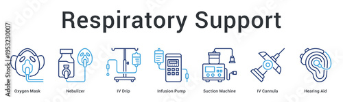 Respiratory support banner web icon provides breathing assistance and airway management for patient respiratory care.