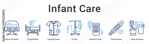Infant care banner web icon provides specialized neonatal equipment for monitoring and treating newborn patients.