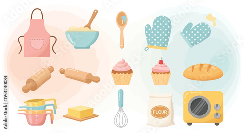 A delightful collection of baking tools, essential ingredients, and delicious finished goods like cupcakes and bread, perfect for any home baker.