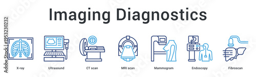 Imaging diagnostics banner web icon utilizes advanced scanning technologies for internal body visualization and detection.