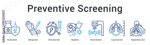 Preventive screening banner web icon provides immunization and testing for disease prevention and early detection.