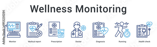 Wellness monitoring banner web icon tracks overall health status through regular checkups and physical activity assessment.