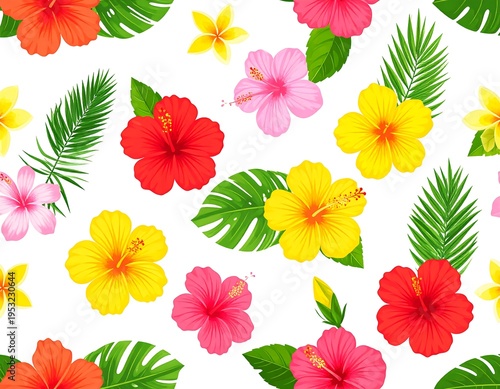 Tropical floral pattern with vibrant hibiscus, palm leaves, and blossoms
