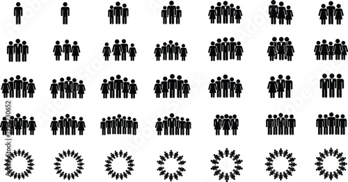 People Silhouette Collection Featuring Diverse Family Groups Social Community Icons And Circular Team Formations For Demographic Data Visualization And Global Networking