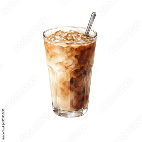 A watercolor iced latte coffee glass, featuring creamy milk mixed with espresso and ice cubes in a clear glass with spoon, isolated on a transparent background.