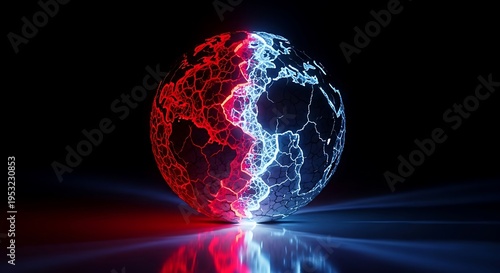 Cracked glowing sphere with contrasting red and blue energy split down the middle