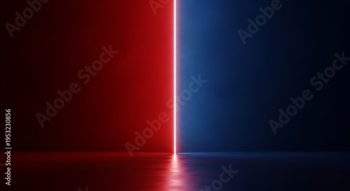 Vertical neon light divides a dark room into red and blue halves with reflections