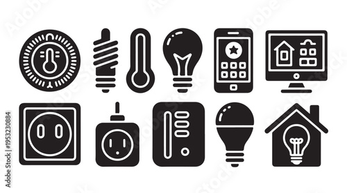 Comprehensive smart home device icons with various light bulb types and thermostat vector