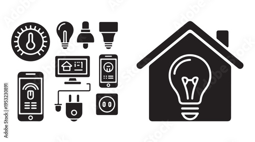 Home energy management dashboard icons with large house light bulb and phone control vector