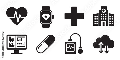Digital healthcare medical icons featuring heart rate monitor smartwatch and hospital vector