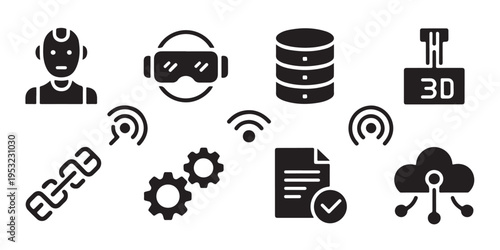 Set of eight technology black icons including robot vr headset database 3d printing link