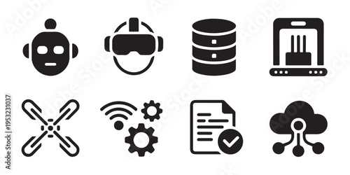 Set of eight technology black icons including robot vr headset database 3d printer connected links