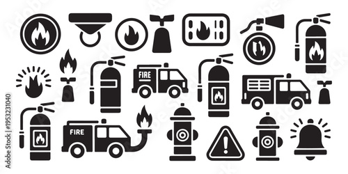 Firefighting equipment safety icons set with truck and hydrant vector symbols