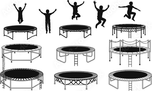 Trampoline silhouettes, jumping people, black vector, safety net designs, outdoor activity, fitness bounce, recreation equipment, exercise motion, sport icon set