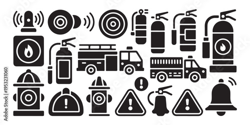 Firefighting equipment safety icons set with truck and hydrant vector symbols