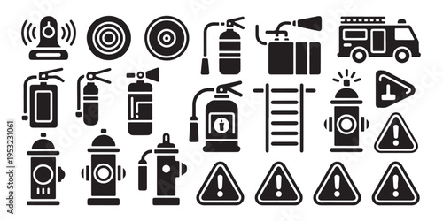 Firefighting equipment safety icons set with truck and hydrant vector symbols