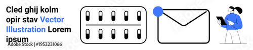 Technology, healthcare, email communication, medication tracking, remote assistance, documentation. Pill blister pack, email icon and a person with a tablet. Healthcare and email communication