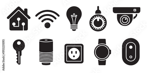 Advanced home automation system icons showing smart lighting security locks and video cameras