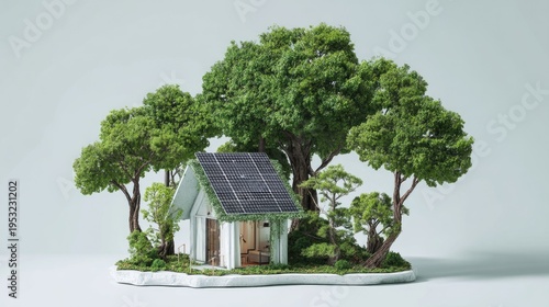 Eco-friendly miniature house model with solar panels surrounded by lush greenery and trees representing sustainable living and modern architecture