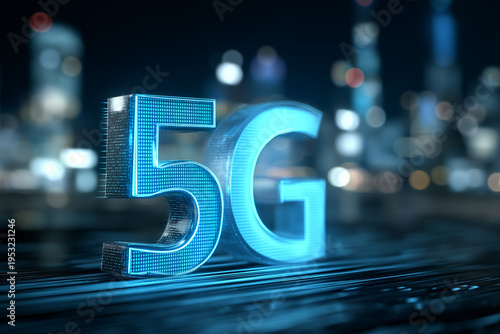 5G technology sign shines brightly in a city at night