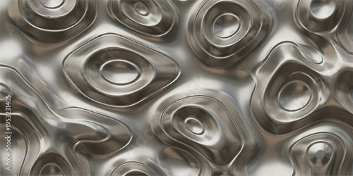 An abstract background featuring a fluid, wavy metallic surface with reflective highlights and undulating, organic forms, suggesting a sculpted or liquid metal texture.