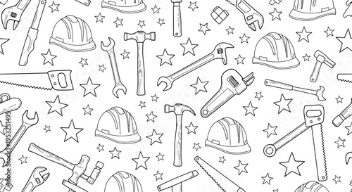 A seamless pattern of construction tools and hard hats in a minimalist line art style