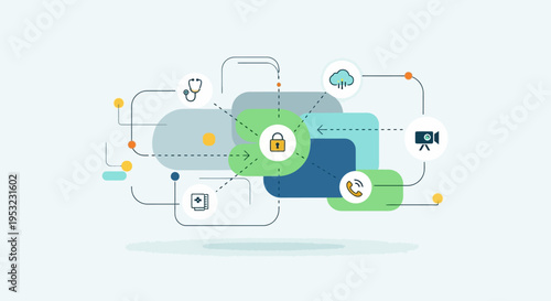 Abstract illustration of interconnected digital services and security protocols, featuring icons for healthcare, communication, and cloud computing.