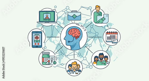 Conceptual illustration of interconnected healthcare services and digital health technologies surrounding a central human head with a brain, symbolizing health management and innovation.