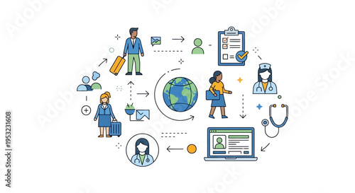 Illustration depicting the global journey of healthcare services, patient travel, and digital health records.