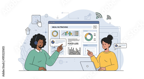 Two women collaborating on a meal tracking dashboard, analyzing data and charts on a computer screen.
