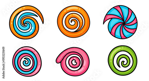 A colorful illustration of six swirly lollipops in different flavors and colors