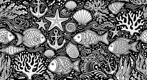 A black and white vector illustration of an underwater scene with fish, coral, and seaweed