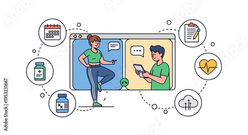 Online fitness coach guiding a client through a virtual workout session with health and wellness icons surrounding them.