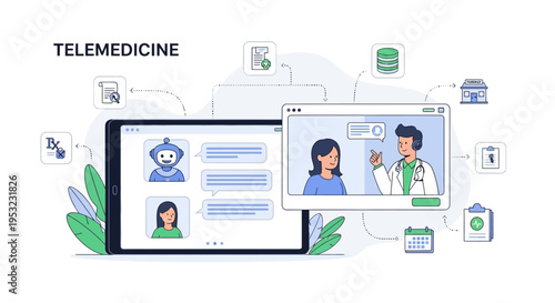 Telemedicine concept illustration showing remote healthcare consultation via digital devices and AI chatbot support.