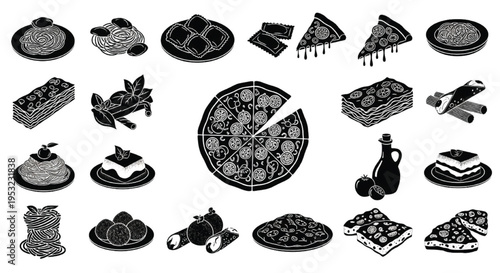 Italian Food Silhouette Set, Pizza Pasta Desserts and Cuisine Black Vector Collection Isolated