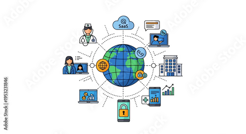 Global healthcare network connecting doctors, patients, hospitals, and data through technology and cloud services for improved medical access and security.