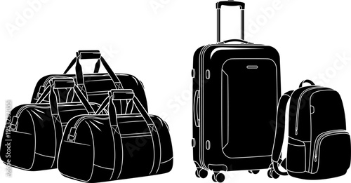 Travel luggage bag collection illustration, suitcases and backpacks for journey and vacation packing, transportation and tourism concept, black silhouette vector design isolated on white