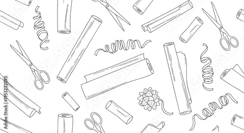 A vector graphic illustration of various hairdressing tools scattered on a white background