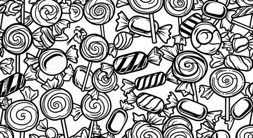 A black and white illustration of various candies and lollipops in a colorful and playful design style