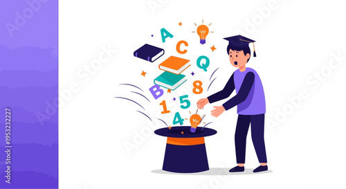 a student in a graduation cap pulls books and letters out of a magic hat, symbolizing learning and education