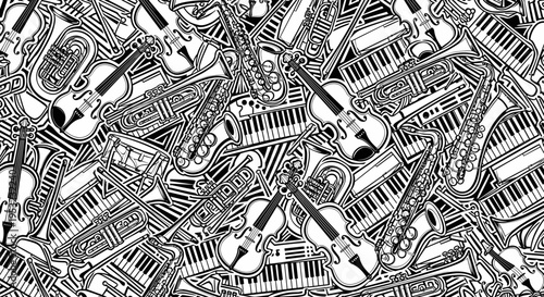 A black and white illustration of a chaotic pile of musical keyboards and microphones in a flat, minimalist style.