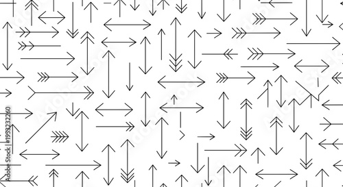 A vector graphic illustration of various black arrows pointing in different directions on a white background
