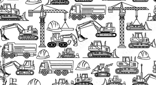 A black and white vector graphic illustration of various construction vehicles and equipment on a white background