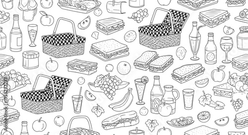 A seamless pattern of various picnic items and food in a minimalist line art style