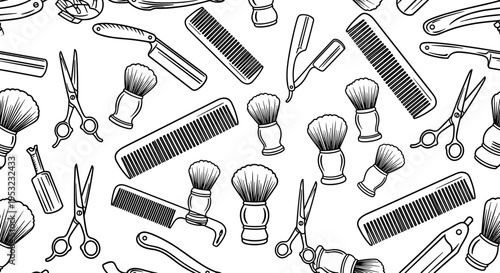 A seamless pattern of black and white barber tools on a white background