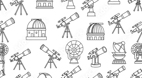A seamless pattern of various astronomical telescopes and observatories in a simple line art style