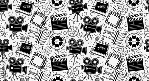 A seamless pattern of film and movie production icons in a flat, minimalist design style