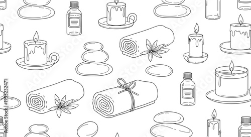 A minimalist vector illustration of spa elements including towels, candles, and stones on a clean white background