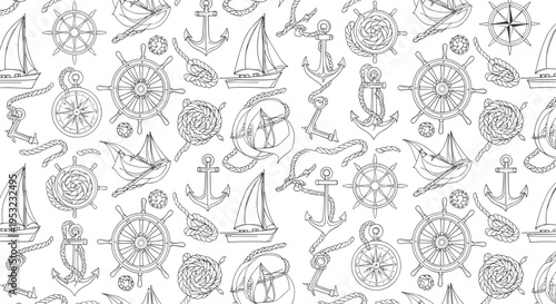 A nautical-themed vector graphic illustration featuring various sailing and marine icons in a seamless pattern design.